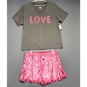 Bobbie Brooks Sleepwear Pj Set Womens 3X Love Tee Velour Shorts Gray Pink V-Neck
